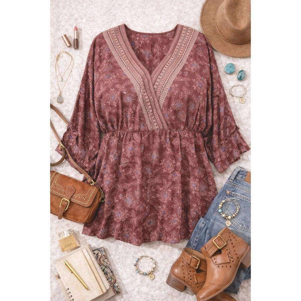 Weekend Suzanne Betro Top Wms 4X Burgundy Floral Surplice Boho Peplum Romantic - Picture 2 of 9